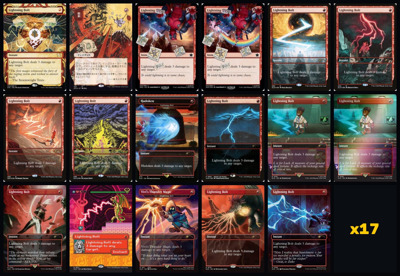 All seventeen Lightning Bolt prints in the database