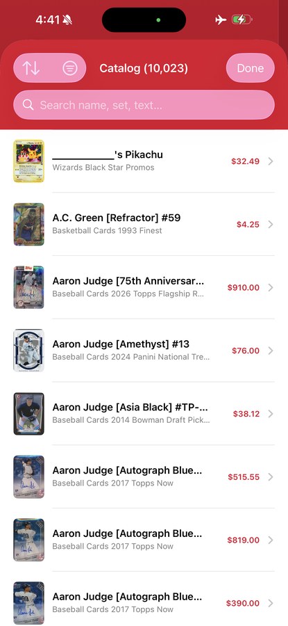 The catalog: 10,023 cards with prices, searchable offline