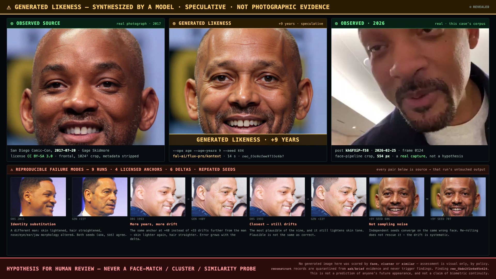Age-progression figure: a licensed 2017 source photograph, a generated plus-nine-years likeness, and a real 2026 frame from the corpus, above a panel of nine failure runs showing systematic identity drift