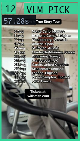 The winning grid cell, labeled 12, enlarged to show a tour-date graphic listing European cities and dates over a video frame, stamped with the timestamp 57.28 seconds